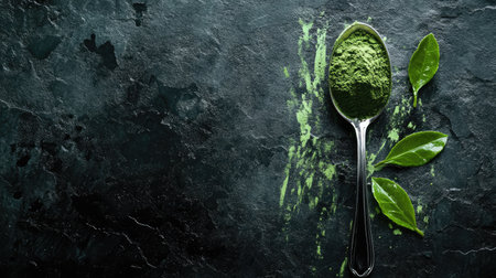 Matcha powder in a silver spoon placed diagonally on a textured slate background with artistic green splashes around itの素材