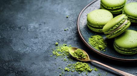 Matcha powder on a spoon placed beside a dessert plate of matcha-flavored treats, such as macarons and cookiesの素材
