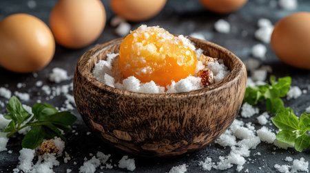 Salted egg yolks resting in a wooden bowl, surrounded by whole salted eggs on a rustic tableの素材