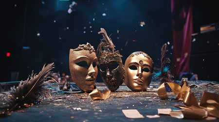 Theater masks placed on a table, surrounded by scattered stage props like feathers, glitter, and ribbonの素材