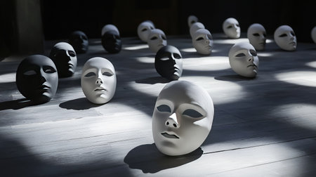 White and black masks displayed on a stage floor, with a spotlight creating long, dramatic shadowsの素材