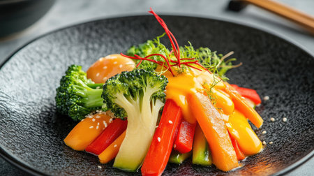 Steamed vegetables drizzled with salted egg yolk sauce, adding richness and vibrant color to the dishの素材