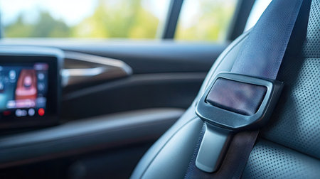 A close-up of the seatbelt being fastened in a car, with the dashboard and infotainment screen softly blurredの素材
