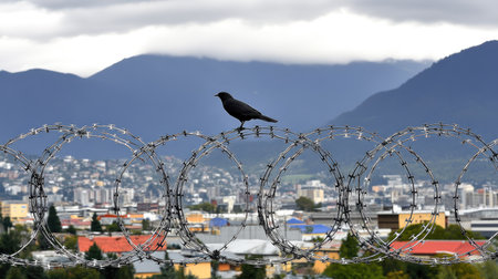 A bird perched on top of a stretch of barbed wire, contrasting nature and industrial fencing.の素材