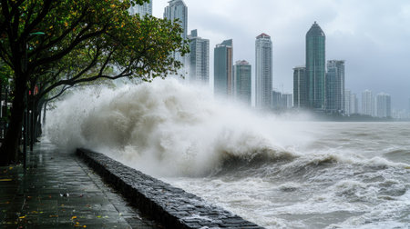 Waves crashing over a sea wall, sending water high into the air, as a super typhoon unleashes its furyの素材