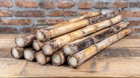 A bundle of harvested bamboo shoots arranged neatly on a wooden table, ready to be prepared for a meal.の素材