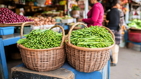A close-up shot of bamboo shoots in a market, ready for purchase, with vibrant colors highlighting their freshness.の素材