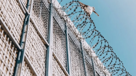 A bird perched on top of a stretch of barbed wire, contrasting nature and industrial fencing.の素材