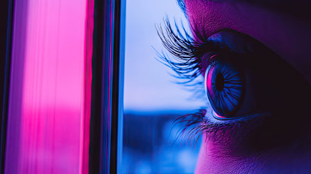 A cybernetic eye with metallic details and a glowing pupil, symbolizing advanced technology and AI.の素材