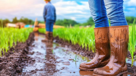 A close-up of a construction worker's boots and safety gear on a muddy site, with construction materials in the background.の素材