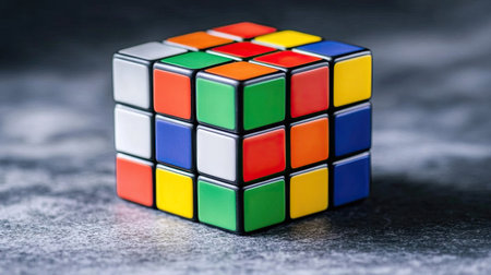 A close-up of a fully solved Rubik's cube, with the colorful grid standing out against a dark background.の素材