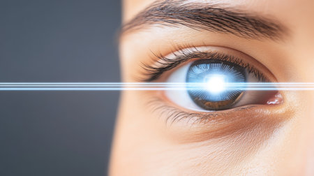 A futuristic eye with holographic elements, showing deep layers of pixels and light beams around the pupil.の素材