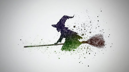 A watercolor witch icon, featuring a pointy hat and broom, painted in soft hues of purple, green, and black.の素材