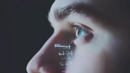 A human eye reflecting a digital hologram, with numbers and graphs visible in the reflection.の素材