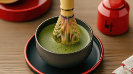 A spoonful of bright green matcha powder being added to a steaming cup of hot water, ready to be whisked.の素材
