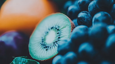 A vibrant green matcha smoothie bowl, topped with fresh fruit, seeds, and nuts, creating a healthy and colorful breakfast.の素材