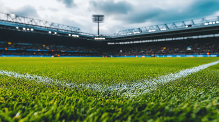 A serene view of an empty stadium under dark, stormy clouds, with dramatic contrast between the green grass and ominous sky.の素材
