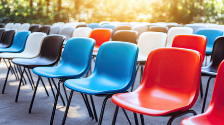 The clean, empty stands of a modern sports stadium, the seat colors standing out vividly under a bright afternoon sun.の素材