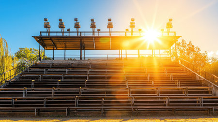 A modern sports stadium with empty bleachers under a bright blue sky, with perfect symmetry and clean lines.の素材