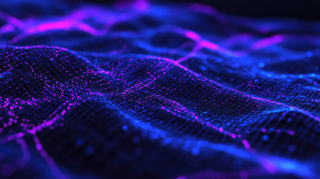 A robotic eye blinking, with glowing lenses and data lines streaming in the background.の素材