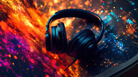 An artistic composition of a book with colorful pages and sleek black headphones placed on top, creating a blend of vibrant creativity and modern technology.の素材