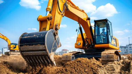 A yellow excavator digging into the earth at a large construction site, dust rising from the bucket as soil is lifted.の素材