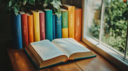 An open book lying on a wooden table with a stack of colorful books in the background, their bright covers and bold titles catching the light in a cozy reading nook.の素材
