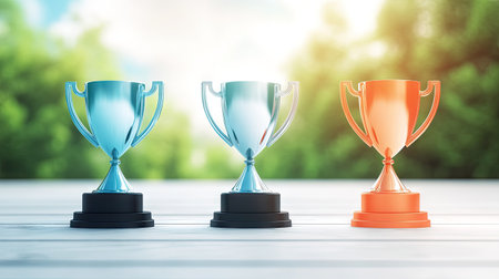 A row of glittering trophies on a table before an awards ceremony, ready to be presented to the winners.の素材