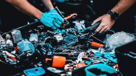 A team of electricians installing wiring inside a newly built house, tools and materials scattered around.の素材