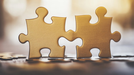 A partially completed jigsaw puzzle on a wooden table, with scattered pieces surrounding the image.の素材