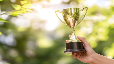 A hand grasping a large gold trophy against a backdrop of a sunset, symbolizing triumph and hard-earned success.の素材