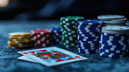 Poker chips stacked in neat piles with a deck of cards and a pair of aces placed on top, ready for action.の素材