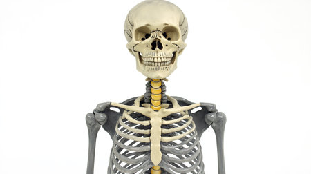 A watercolor skeleton icon, painted with light washes of gray and white, standing in a playful pose.の素材