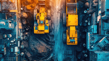 Excavators digging in sync on opposite sides of a site, with piles of soil and machinery in motion.の素材