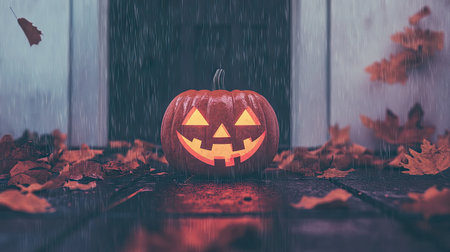 A jack-o'-lantern with a scary face placed on a front porch, glowing brightly against a dark evening sky.の素材