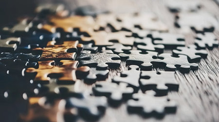 A partially completed jigsaw puzzle on a wooden table, with scattered pieces surrounding the image.の素材