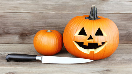 A pumpkin mid-carving, with a knife cutting out triangle eyes and the work-in-progress face taking shape.の素材