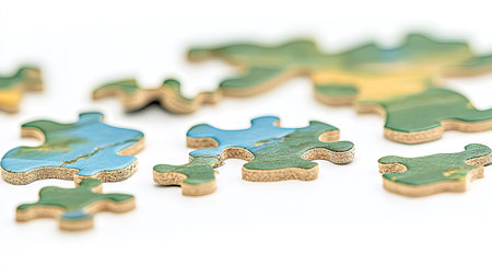 An artistic jigsaw puzzle with unique shapes and vibrant colors, half-finished with pieces arranged neatly around the board.の素材