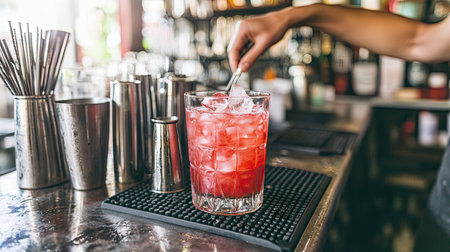 A bartender straining a red cocktail with ice into a glass, with a set of bar tools arranged on the counter, including a shaker and jigger.の素材
