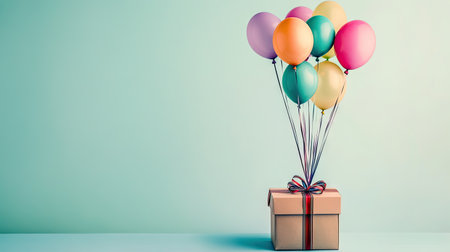 A bright and cheerful scene with a gift box in the foreground and colorful balloons gently floating upward from inside, all set against a simple pastel backdrop.の素材