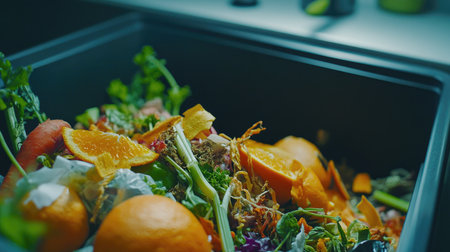A close-up of organic waste in a trash bin, featuring various food scraps such as orange peels, vegetable stems, and tea bags, with a kitchen sink in the background.の素材
