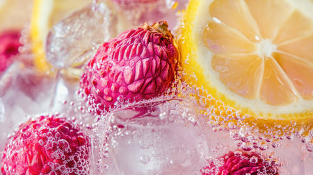 A close-up of a lychee lemonade mocktail with vibrant pink lychees, lemon slices, and ice cubes, with condensation forming on the glass.の素材