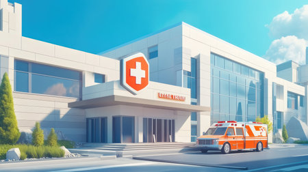A bright, modern hospital building with a large emergency sign, and an ambulance pulling up to the entrance, reflecting a well-prepared healthcare facility.の素材
