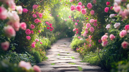 A decorative garden path made of smooth stone slabs, bordered by blooming roses and lush greenery, creating a serene and colorful outdoor escape.の素材