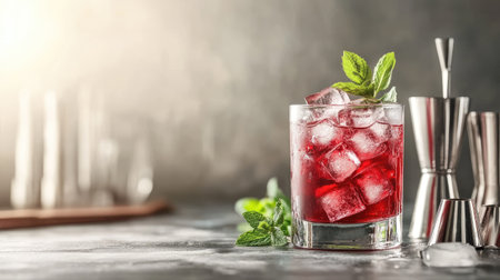 A close-up of a freshly mixed red drink with ice cubes, sitting next to a set of gleaming bar tools and fresh mint leaves on a rustic bar.の素材