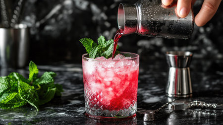A close-up of a hand pouring a red cocktail over ice from a shaker into a chilled glass, with bar tools and fresh mint leaves nearby.の素材