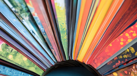 A close-up of colorful book covers, fanned out in a semi-circle on a table, showcasing their bold, bright designs and inviting readers to explore them.の素材