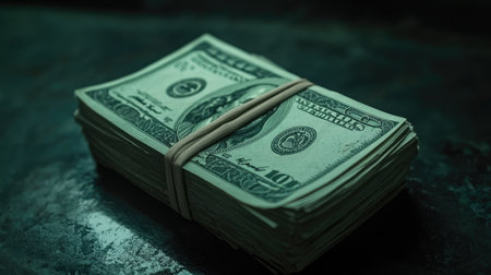 A close-up view of a bundle of hundred-dollar bills tied with a rubber band, set against a dark background, symbolizing savings, wealth, or financial success.の素材