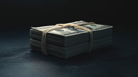 A bundle of crisp, clean hundred-dollar bills, tied together and placed on a dark surface, symbolizing wealth accumulation, investment, or financial success.の素材