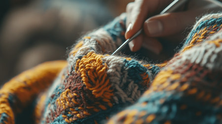 A close-up of knitting needles in action, with colorful yarn being transformed into a cozy, patterned sweater, in a soft natural light setting.の素材